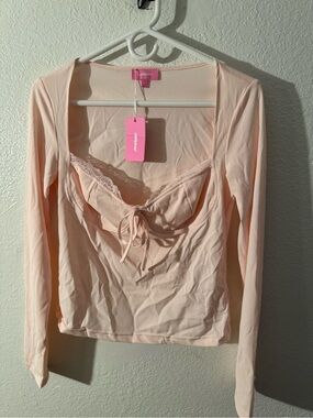 Peach Lace-Trim Long Sleeve Sweetheart Top